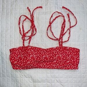 Red and White Floral Tie Shoulder Bikini Top